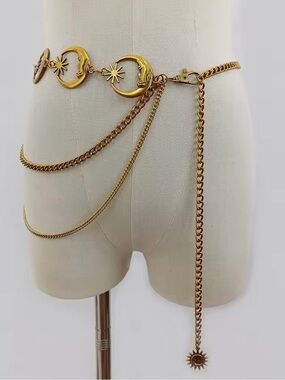Gold Moon & Sun Layered Chain Waist Belt